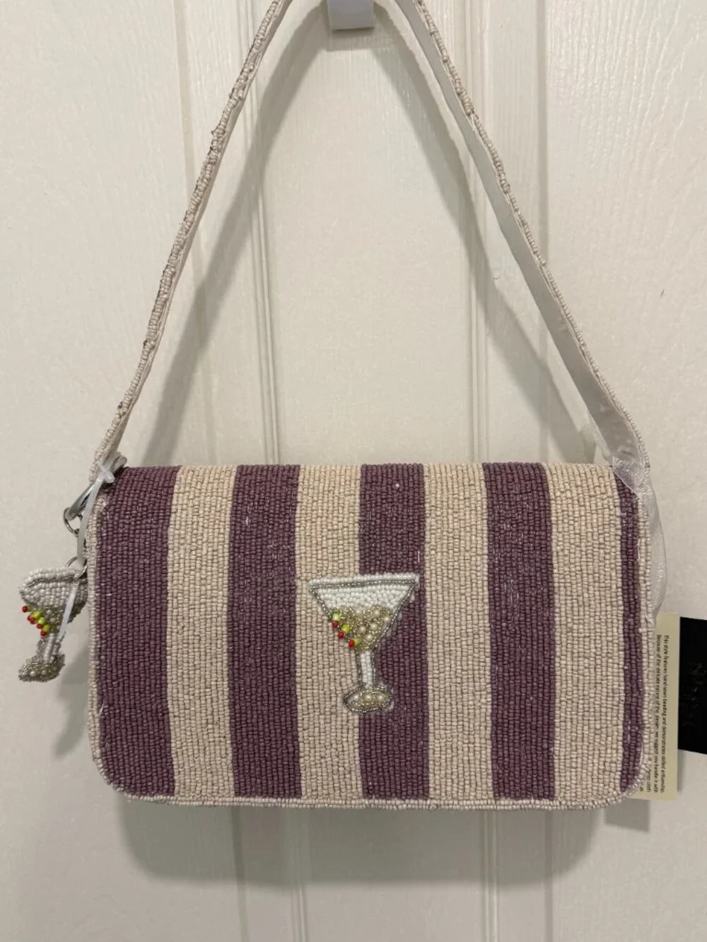 Dirty Martini Olives Striped Beaded Bag with Keychain Charm Handmade India  NWT - Picture 2 of 6